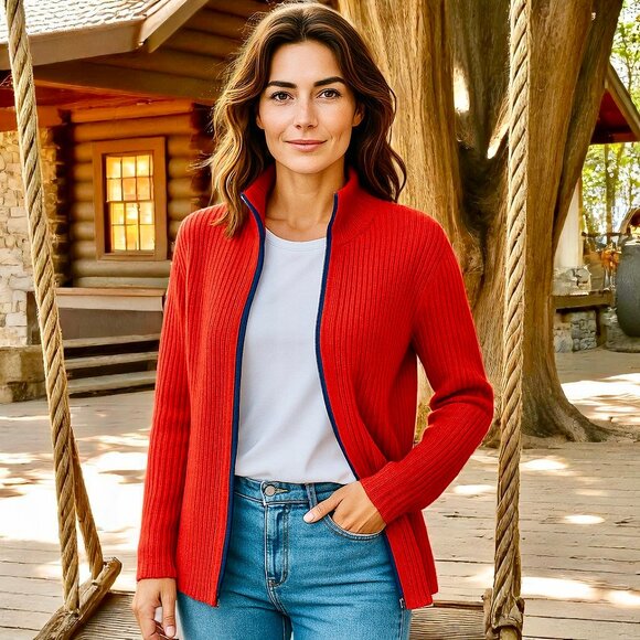 Eddie Bauer Zip Close Orange Cardigan Ribbed Sweater NEW - Picture 1 of 9